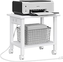 TUTOTAK 2 Tier Printer Stand, Rolling Printer Cart with Power Outlets and USB Ports, Mobile Printer Table with Wheels, for Under Desk, Office, Home, White PS01BW001