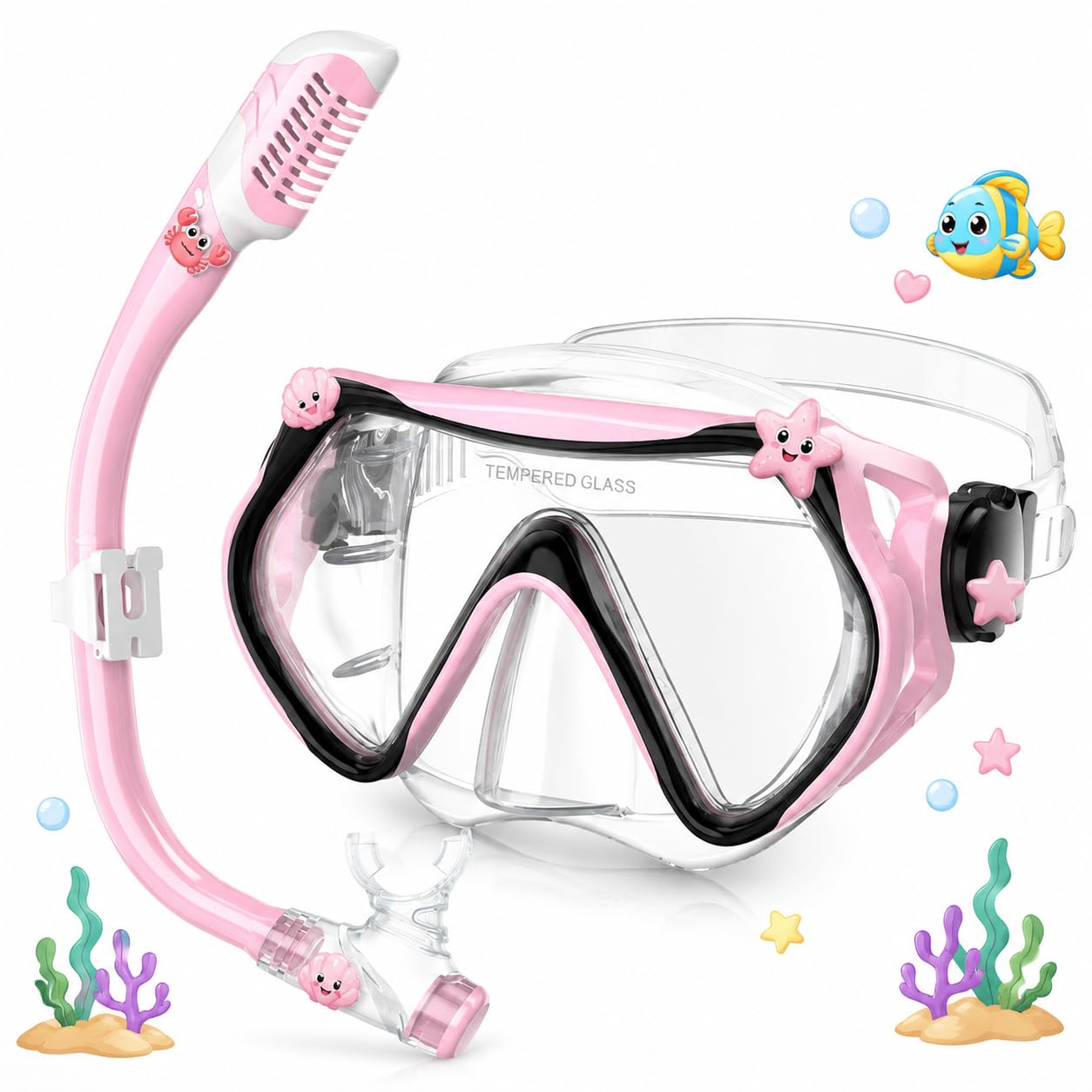 MELUMILU Kids Snorkel Set, Dry Snorkel Set 180° Panoramic Wide View Anti-Fog Scuba Diving Mask, for Kids Youth Boys Girls Junior Age 5-15 (Pink)