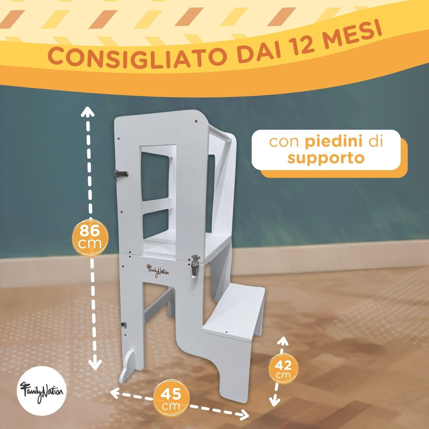 Family Nation, Torre Montessoriana 2 in 1, Convertibile in Tavolo e Sedia, per Bambini da 1 Anno di Età, Struttura in Legno con Supporto Extra, Bianca, 42x45x86 cm