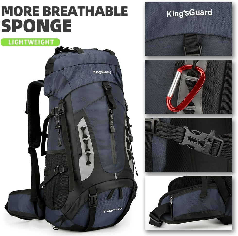 King'sGuard 60L Hiking Backpack for Men and Women Lightweight Camping Hiking Backpack with Rain Cover Large Waterproof Travel Backpack Backpacking Pack (Navy Blue)