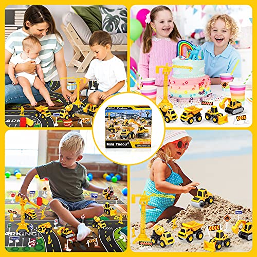 Mini Tudou Construction Trucks Toys, 6 PCS Diecast Construction Pull Back Cars Vehicle Set with Play Mat, Tower Crane, 4 Worker Figures & Multiple Traffic Signs to Build A Realistic Construction Site