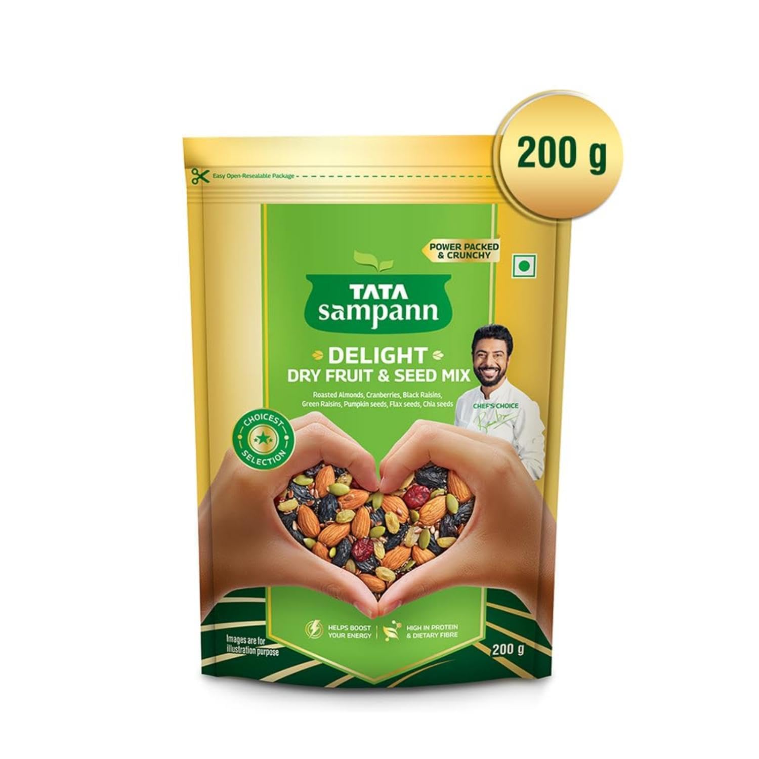 Tata Sampann Delight Dry Fruit & Seed Mix | Power Packed & Crunchy Snack | Trail Mix | High in Protein & Dietary Fibre | Rich in Magnesium | Source of Phosphorus | 200g | Roasted Almonds, Cranberries, Black Raisins, Green Raisins, Pumpkin Seeds, Flax Seeds & Chia Seeds