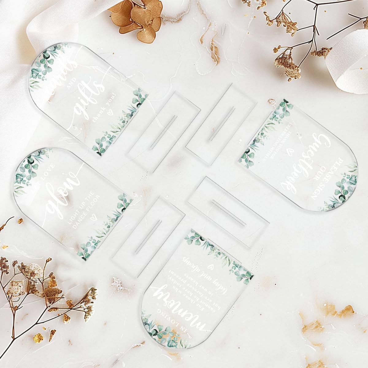 4 Pcs Acrylic Wedding Signs for Reception, Bridal Shower Decorations, Cards and Gifts Signs, Guest Book Sign, Arch Acrylic Table Top Sign with Holder for Wedding Reception (Clear Eucalyptus Leaves) - Image 4