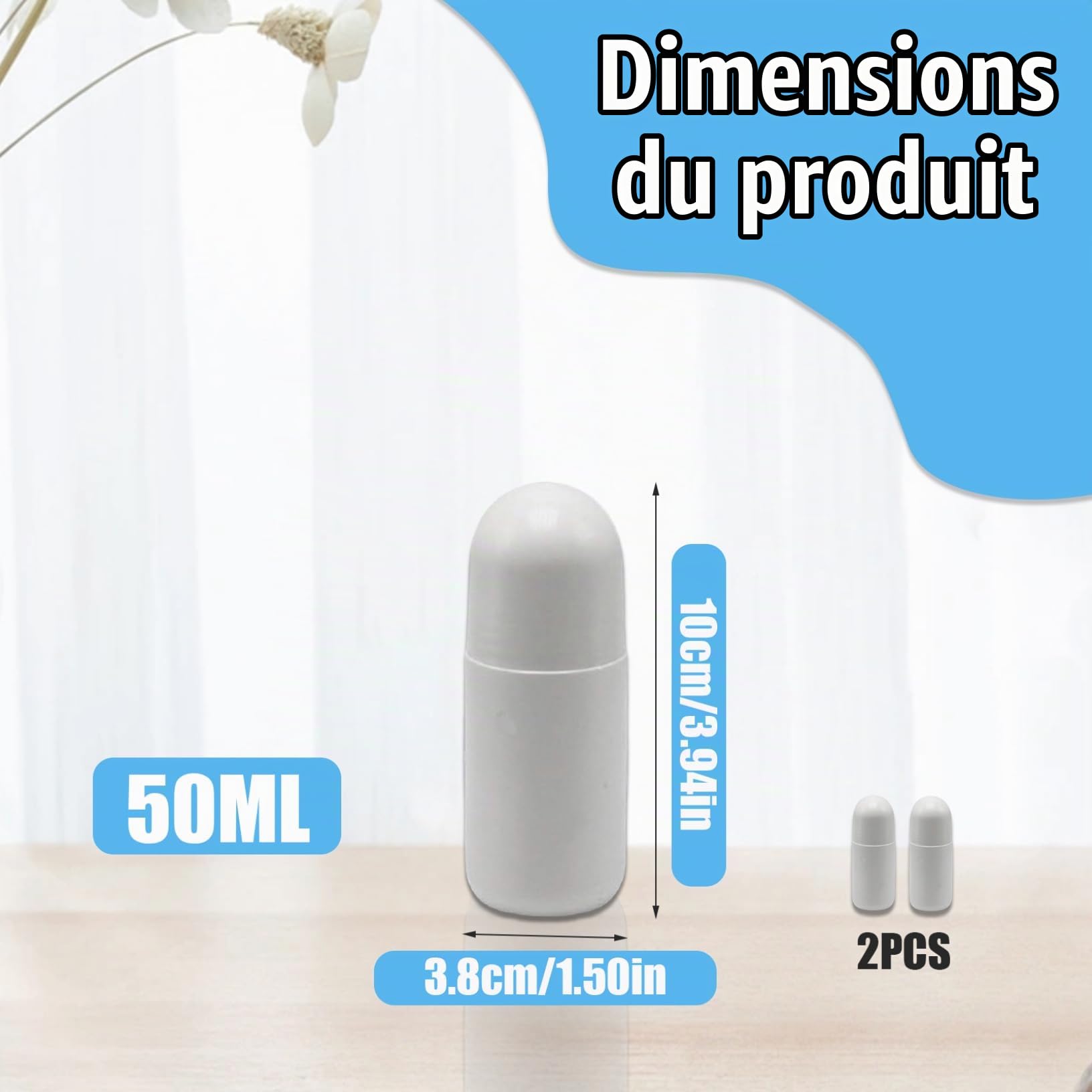 Applicateur de crème Solaires, applicateur à rouleaux de crème Solaires, rouleau de 2 pcs sur des bouteilles, 50 ml de bouteille de rouleau rechargeable vide, récipient déodorant de bricolage