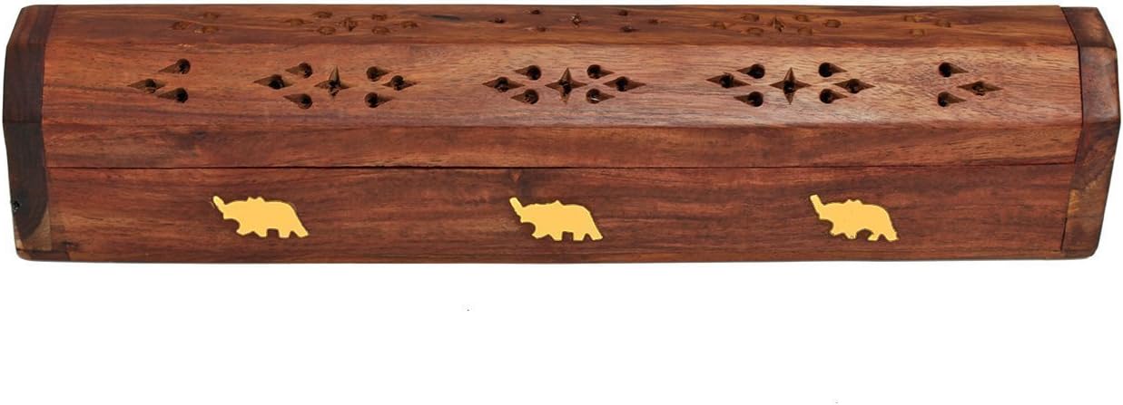 Purpledip Wooden Incense Stick Holder Cone Burner Stand Box: Storage Compartment, Ash Catcher: Hand Carved with Brass Inlay Figures (11009)