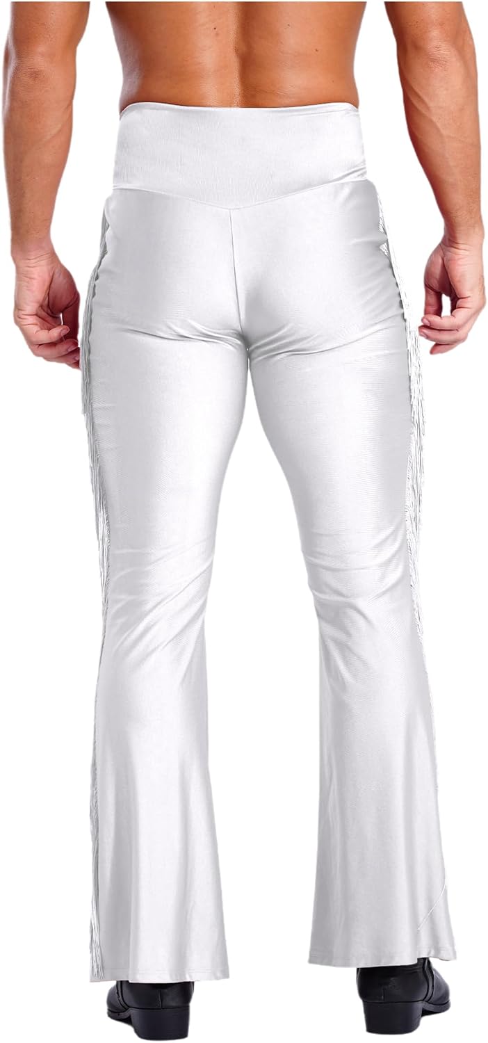 Men's White Flared Dance Pants with Fringe, High Waist, Long Length, Pull On Closure, Stretchable, Size M, L, XL, XXL