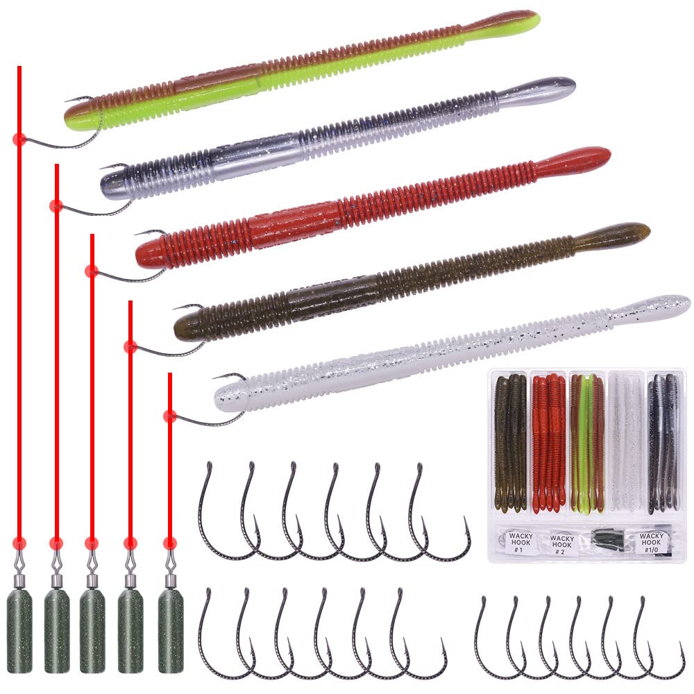 Gusanos de pesca de plástico suave, gusanos de goma de 4 pulgadas, gusanos locos, cebos de cola recta, kit de 49 piezas con 25 cuerpos, 18 ganchos, 6 pesos