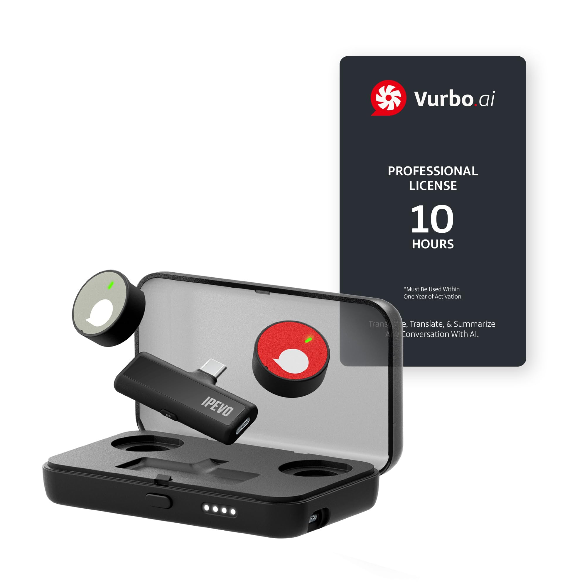 IPEVO VOCAL WEARABLE Wireless Lavalier Microphone with Charging Case + Software, Plug-Play, AI Real-Time Notetaker, Summarize, Translate (90+ Languages), Voice Recorder for Lectures, Meetings, Seminas