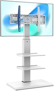 FITUEYES Swivel Floor TV Stand Base for TVs Up to 65â€ TVs White Corner TV Stand with Height Adjustable Entertainment Shelves â€“ Perfect for Media Storage, FT-S3602MW