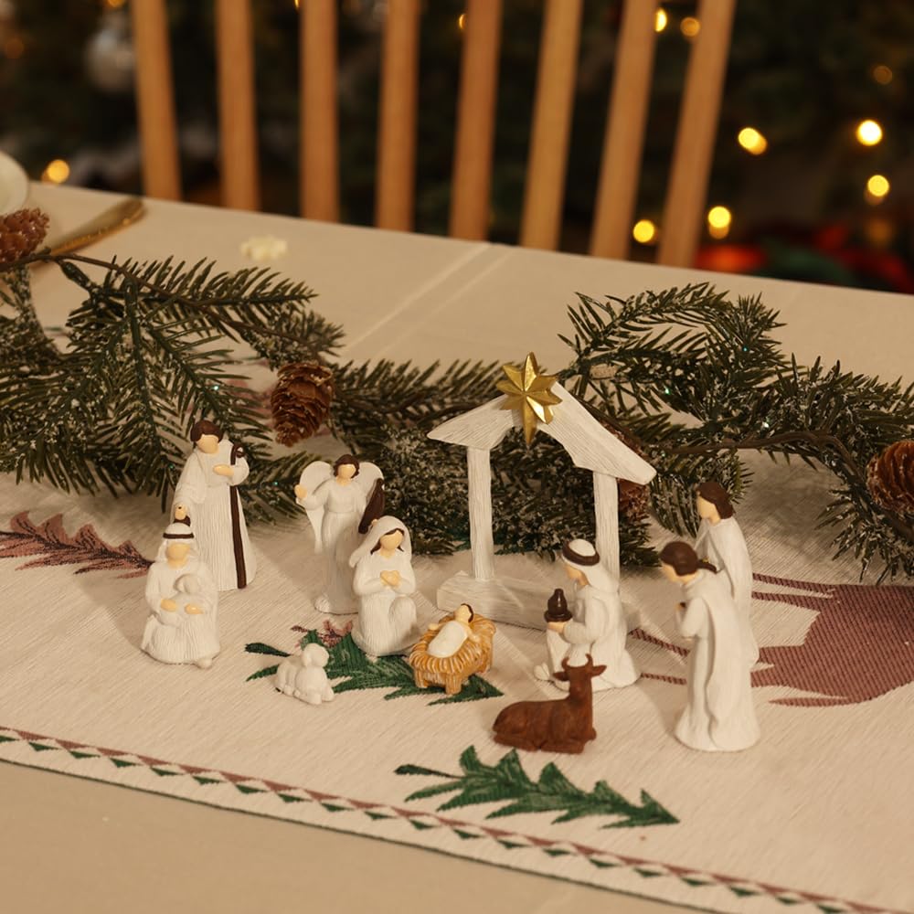 MEETYAMOR Weihnachtskrippe Sets für Weihnachten Innen, 11 Stück Harz Krippe Figuren Set für Weihnachten Dekor, Weihnachtsdekorationen Innen für Home Tisch Kaminsims Küchenregal