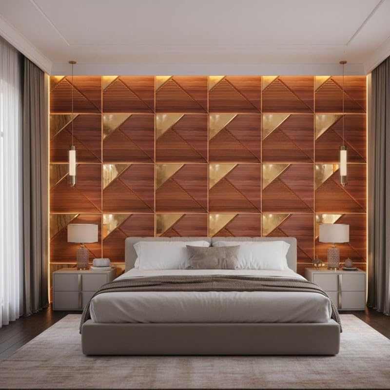 Image of Kayra Decor 3D PVC Wall Panels for Bedroom & Living Room | Fluted 1 Design | Mirror Wooden Color | 19.7 x 19.7 Inch | Pack of 18 | 48.42 Sq Ft