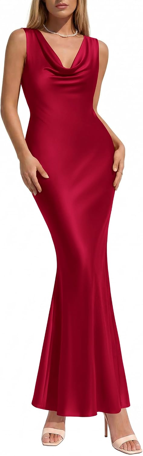 KIRUNDO Womens Summer Cowl Neck Sleeveless Satin Maxi Dress Elegant Bodycon Cocktail Wedding Guest Party Long Dresses