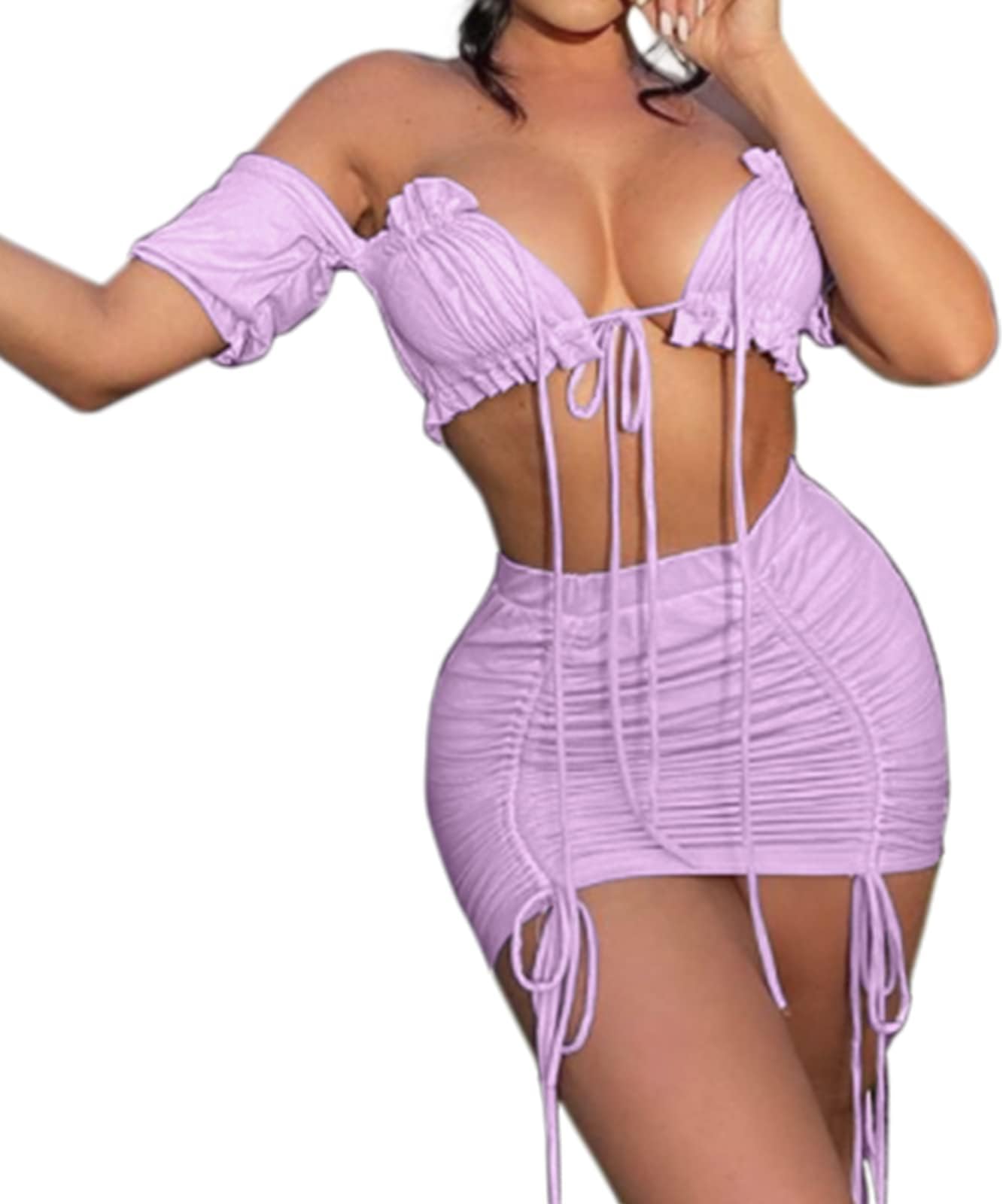 SedrinuoWomen Sexy 2 Piece Outfits Dress Off Shoulder Lace Up Crop Top and Ruched Skirt Club Outfits