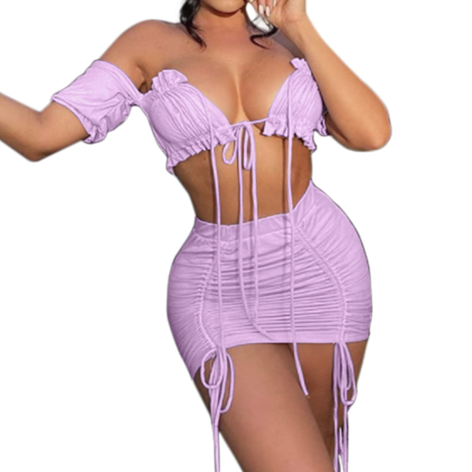 SedrinuoWomen Sexy 2 Piece Outfits Dress Off Shoulder Lace Up Crop Top and Ruched Skirt Club Outfits