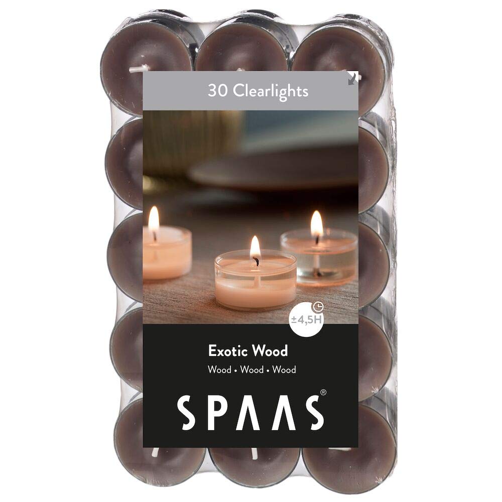 Spaas 30 Scented Clearlights, Tealights in Transparent Clear Cup, ± 4.5 Hours, Exotic Wood