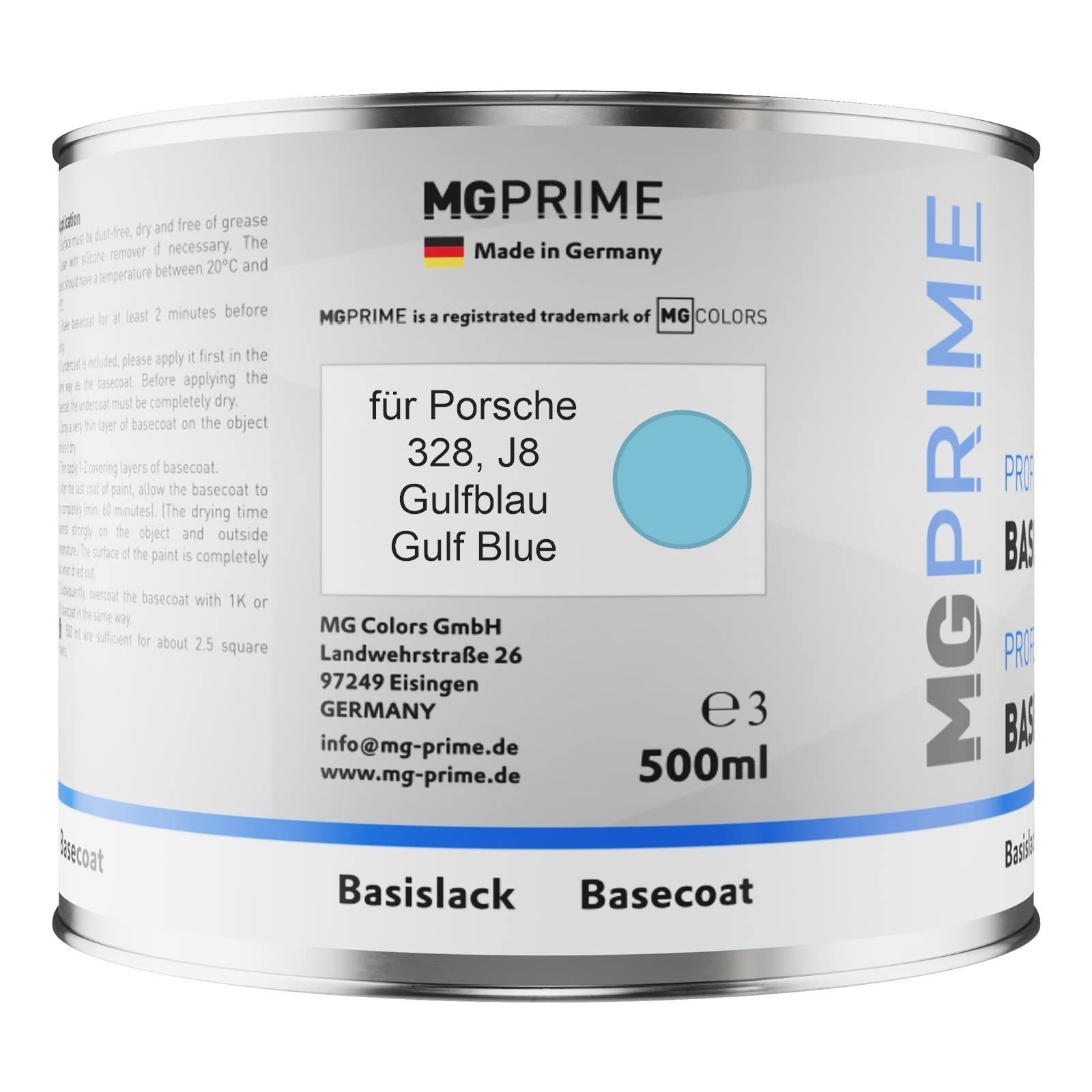 MG PRIME Vernice per auto Kit barattolo pronto all’uso per Porsche 328 / J8 Gulfblau/Gulf Blue Vernice di base + vernice trasparente 2K 1,25L