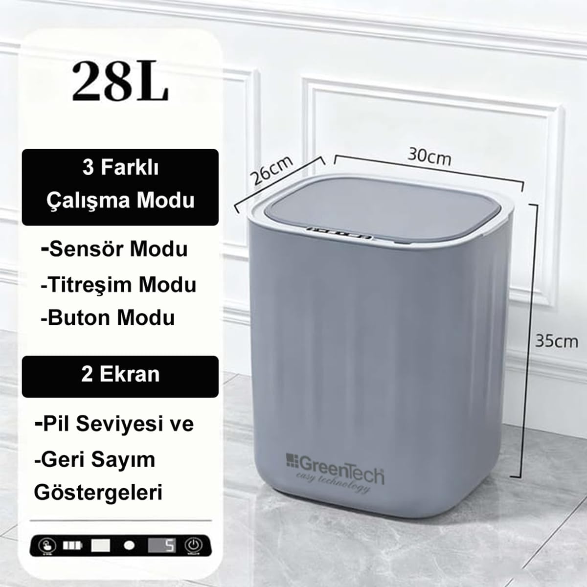 GreenTech Sensörlü Çöp Kovası Şarjlı Akıllı, Beyaz, 28 Litre, GT-SC07B
