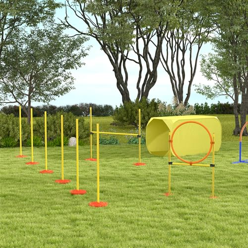 PawHut Agility Set Hunde, 4-teiliges Agility Ausrüstung mit Hundetunnel, Hürden, Slalomstangen, Springring, Aufbewahrungstasche, Höhenverstellbar Steckhürdenset Trainingsset für Hundetraining