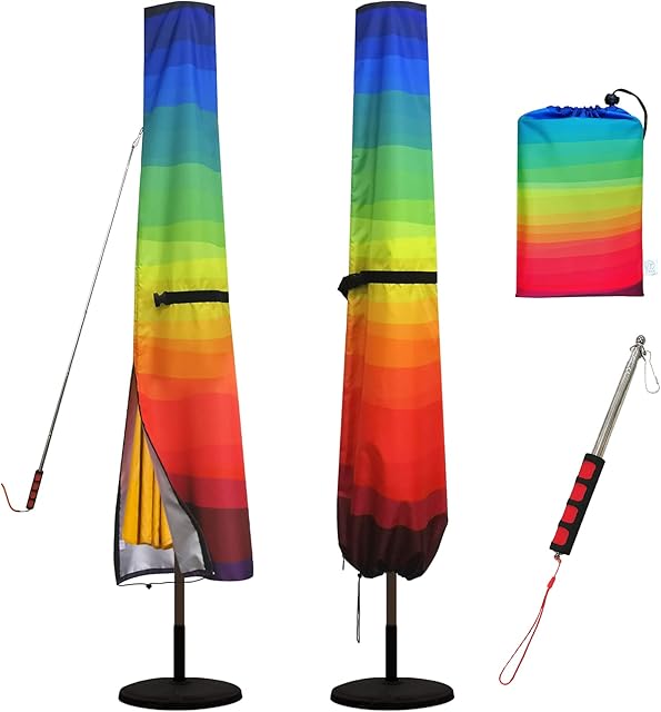 Daily Treasures Rainbow Parasol Cover, 420D Oxford Fabric Umbrella Covers Waterproof with Telescopic Rod-Outside Parasol Cover Fits 8ft to 11ft Garden Outdoor Umbrella, Windproof & Dustproof