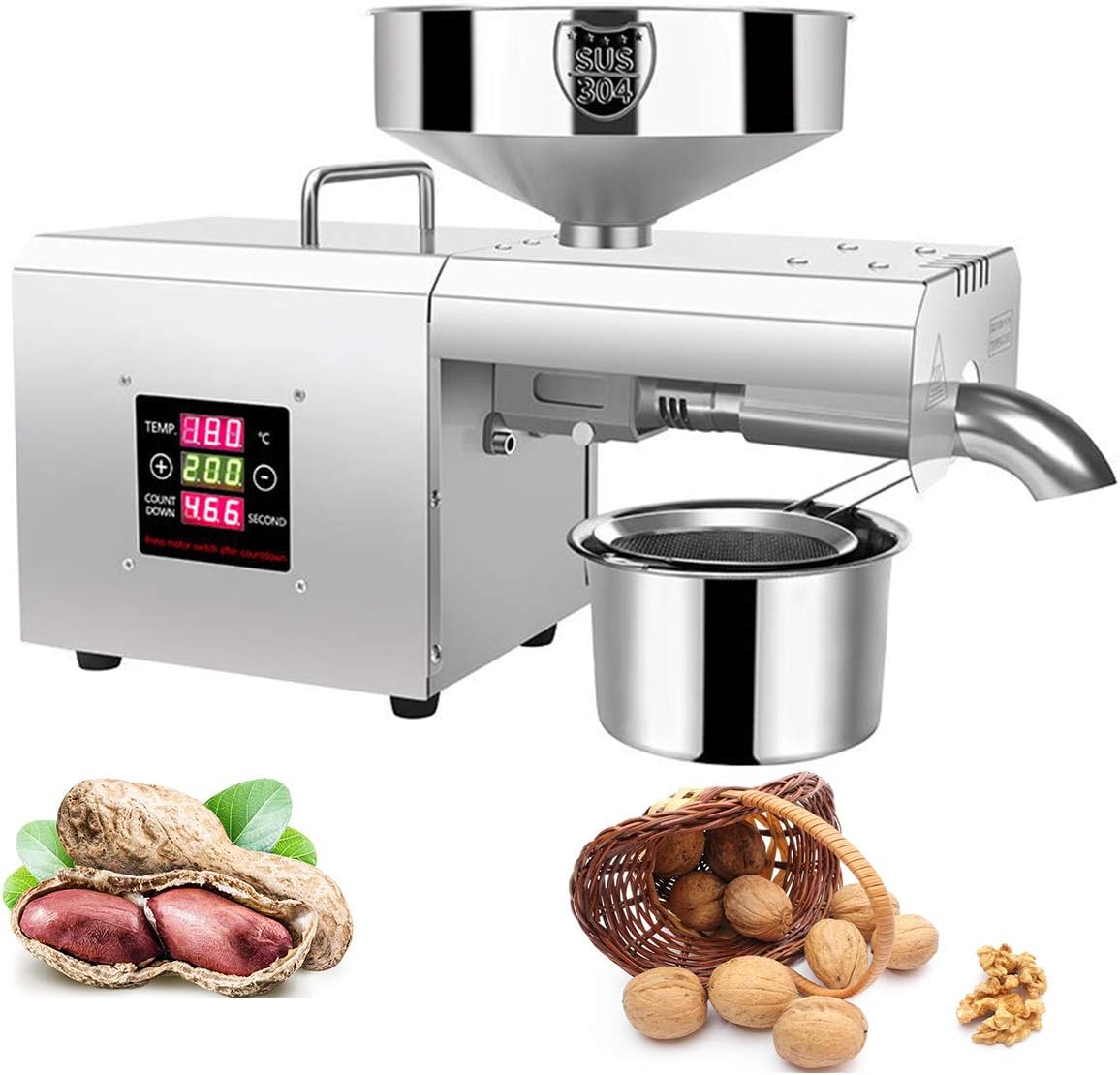 NEWTRY Automatic Oil Press Machine Electric Oil Press Extractor Presser with Temp Control Organic Oil Expeller Stainless Steel for Perilla Sesame Walnut for Home (220V EU/UK/AU Plug)