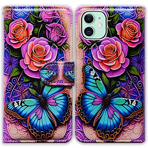 Bcov iPhone 12 Case,iPhone 12 Pro Case,Blue Butterfly Flowers Rose Leather Flip Phone Case Wallet Cover with Card Slot Holder Kickstand for iPhone 12/iPhone 12 Pro