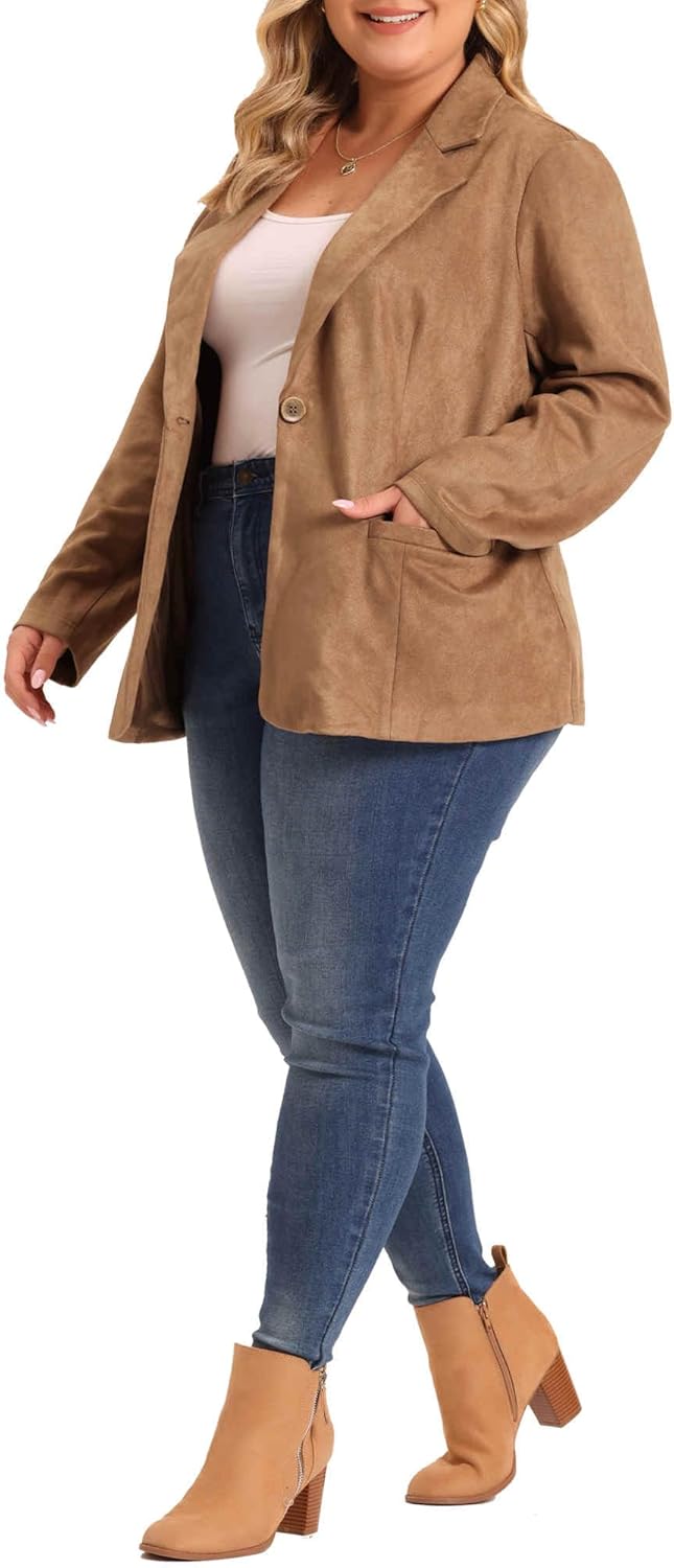 Agnes Orinda Plus Size Faux Suede Jacket for Women Lapel Collar Button Front Long Sleeve Work Casual Blazer Jackets - Image 2