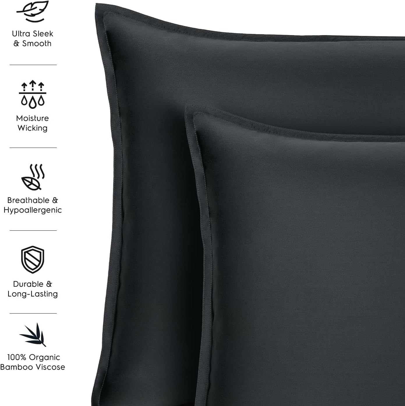 Tafts Pillow Cases King Size - Pure 100% Viscose Derived from Bamboo Luxuriously Soft, Silky, Cooling, Double Stitched, Envelope Closure (2 Pillowcases, Midnight Black)