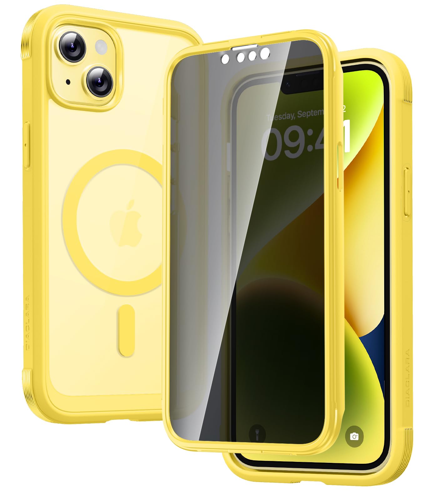 Diaclara Magnetic Designed for iPhone 14 Case 6.1 Inch,Upgraded Full Body Rugged Clear Bumper Case with Built-in Privacy Screen Protector for iPhone 14,Yellow