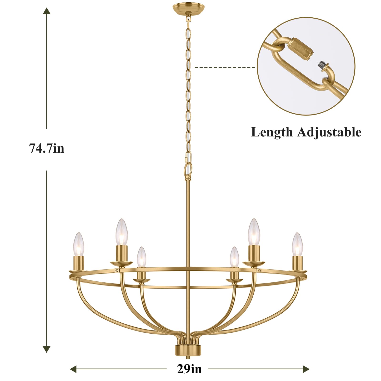 6-Light Gold Chandelier Light Fixture, Vintage Dining Room Light Fixtures Over Table, Modern Brass Chandelier Adjustable Height E12 Base, Metal Candle Ceiling Hanging for Kitchen Living Room Hallway