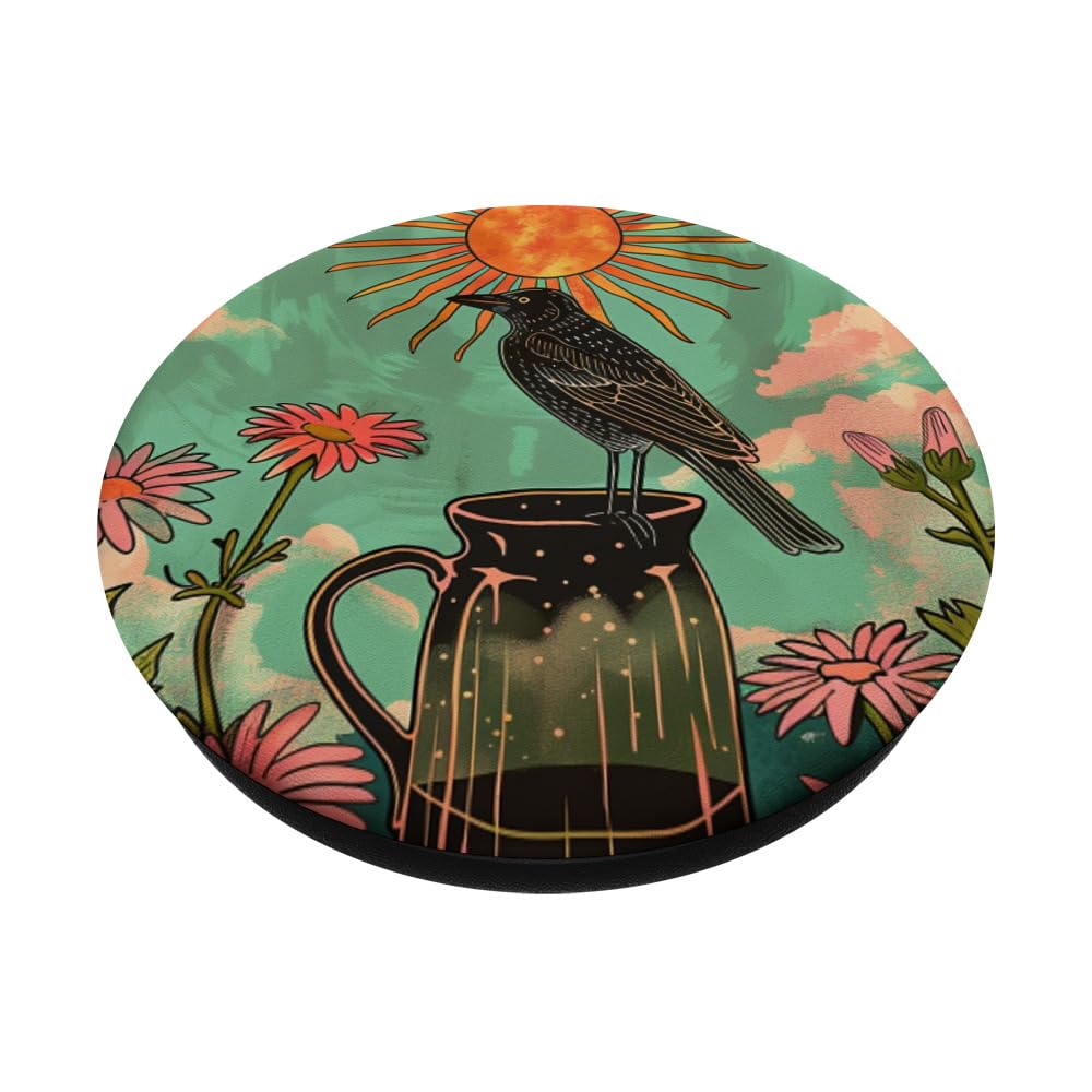 Thrush Bird Floral Retro Tarot Card PopSockets Swappable PopGrip, Black - Image 2