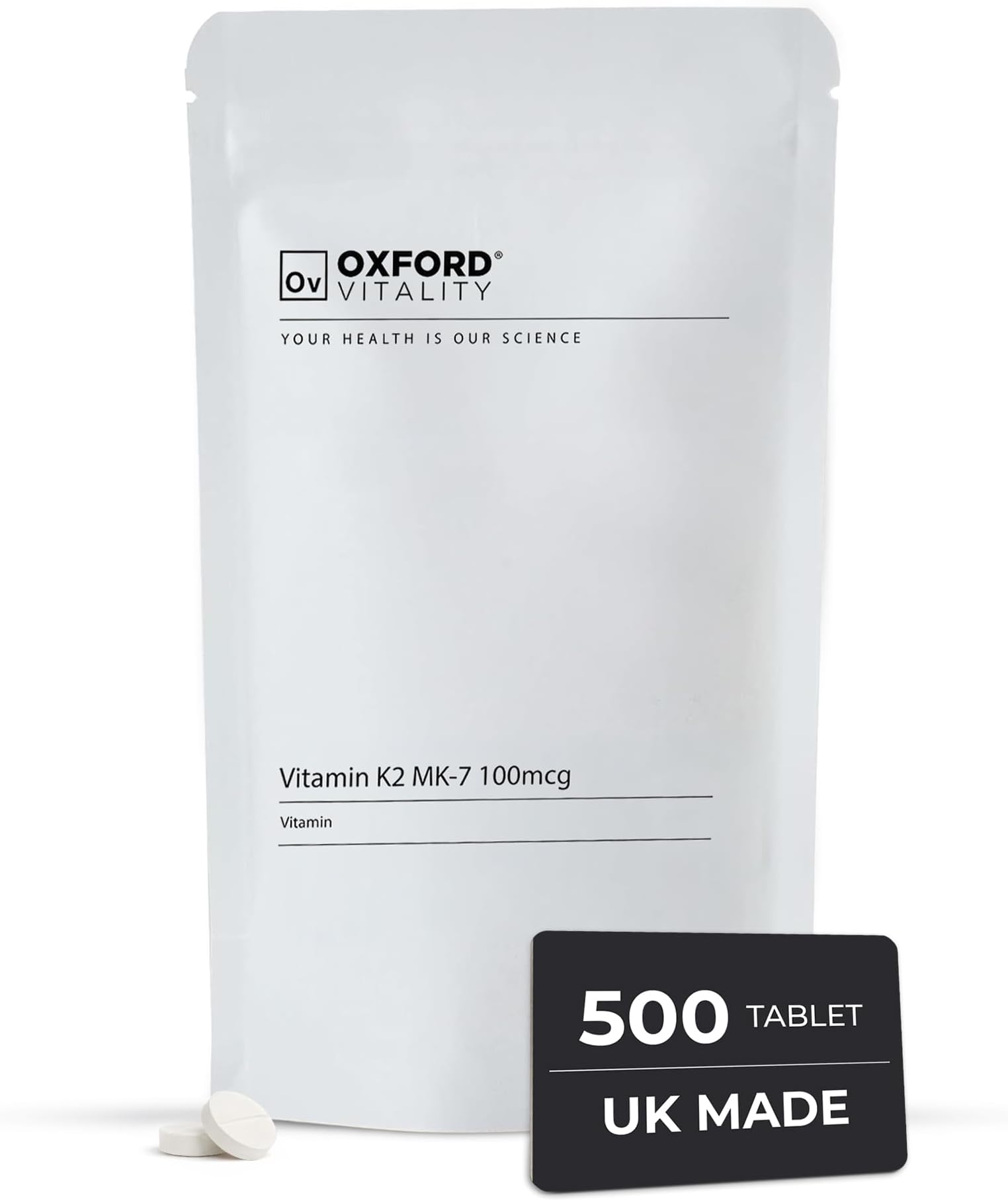 Vitamin K2 MK-7 100mcg Tablets | Vitamin K2 Supplement | Food Supplement | Oxford Vitality | 500 Tablets