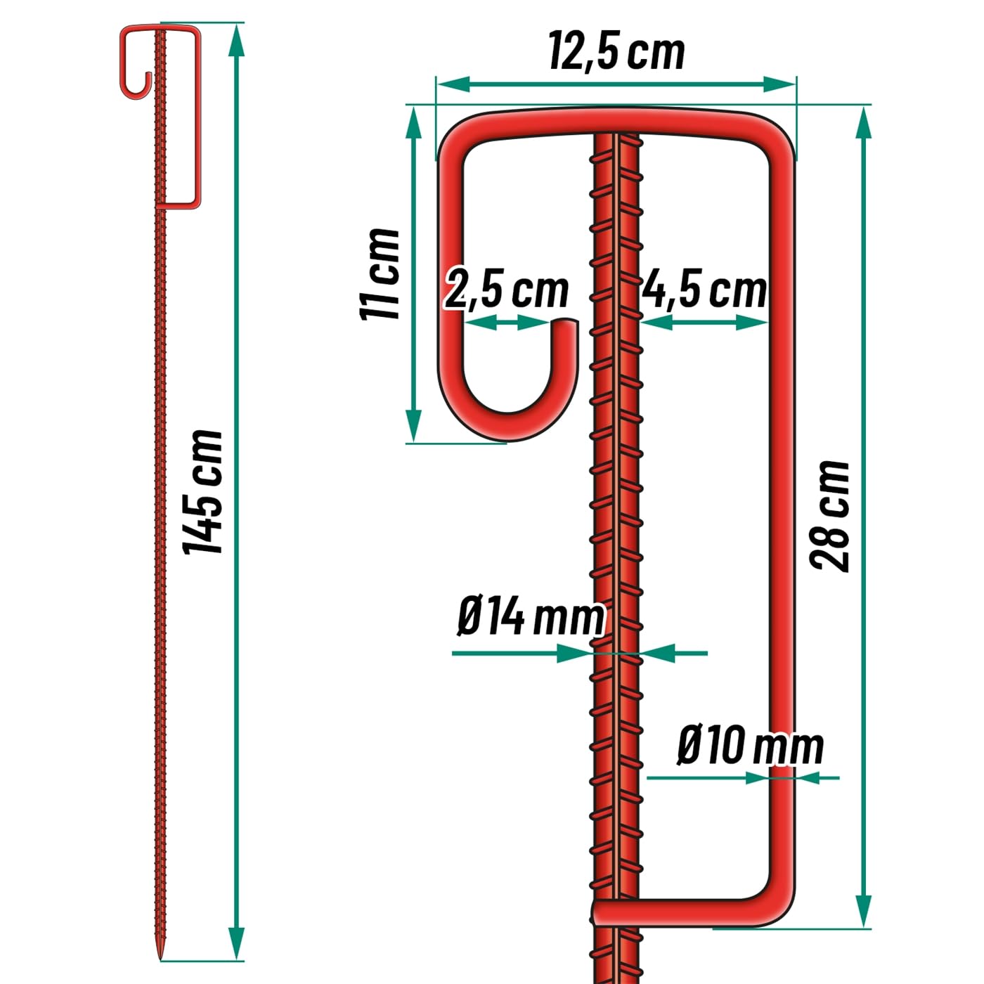 VOSS.farming 10x Laterneneisen, Pfahl mit UVV-Sicherheitsbügel, Halter für Absperrband, Ø12mm Riffelstahl, 145cm Länge, rot lackiert