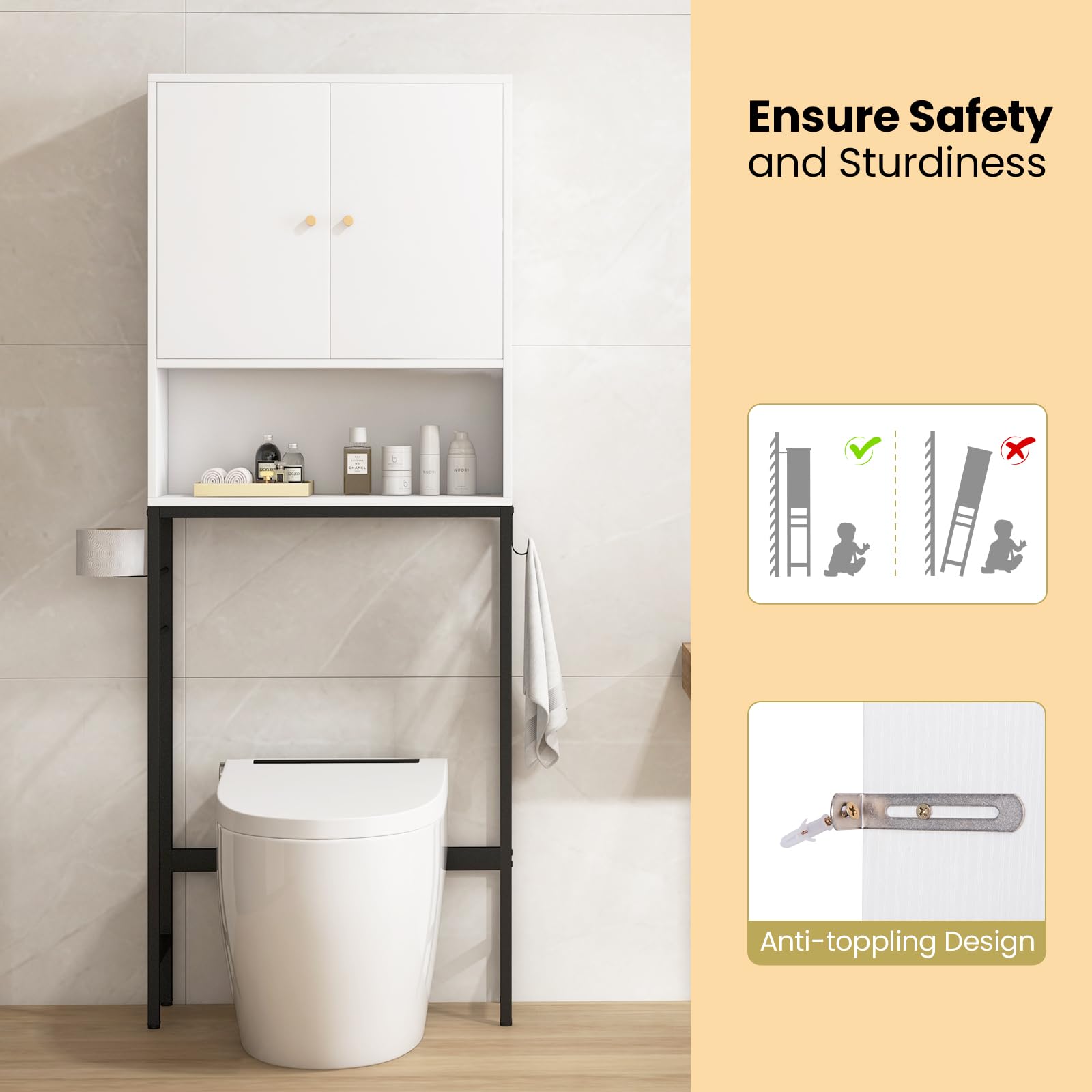 LIFEZEAL Mobile sopra il WC Mensola indipendente per bagno con 2 porte, armadio da pavimento con ripiani regolabili e 2 ganci laterali, organizer sopra WC per lavanderia (bianco)