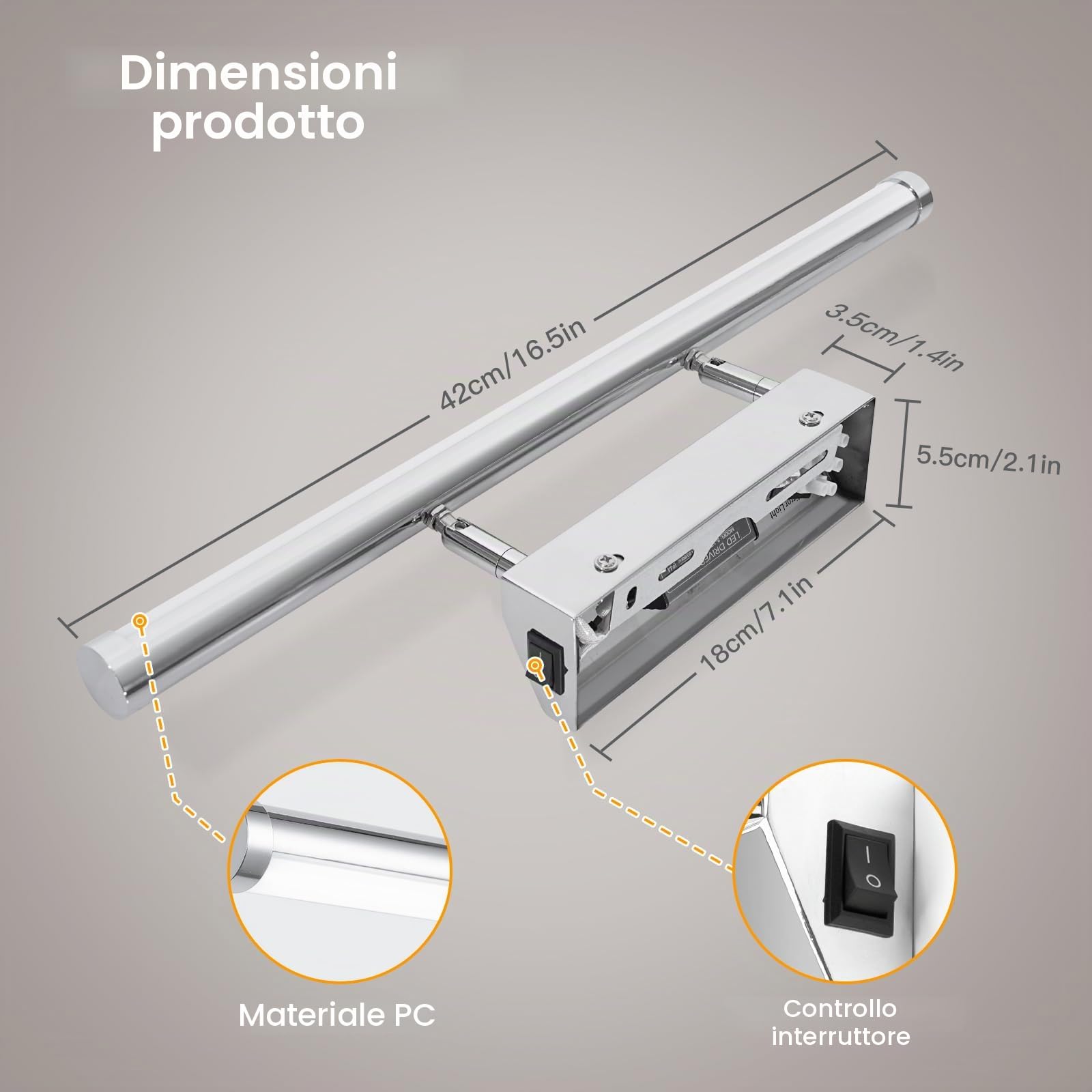 Applique Bagno 9W 42CM - Lampada Specchio Con Interruttore IP44 Bianco Neutro 4000K per il Trucco - Luce LED AC100-240V Non Dimmerabile