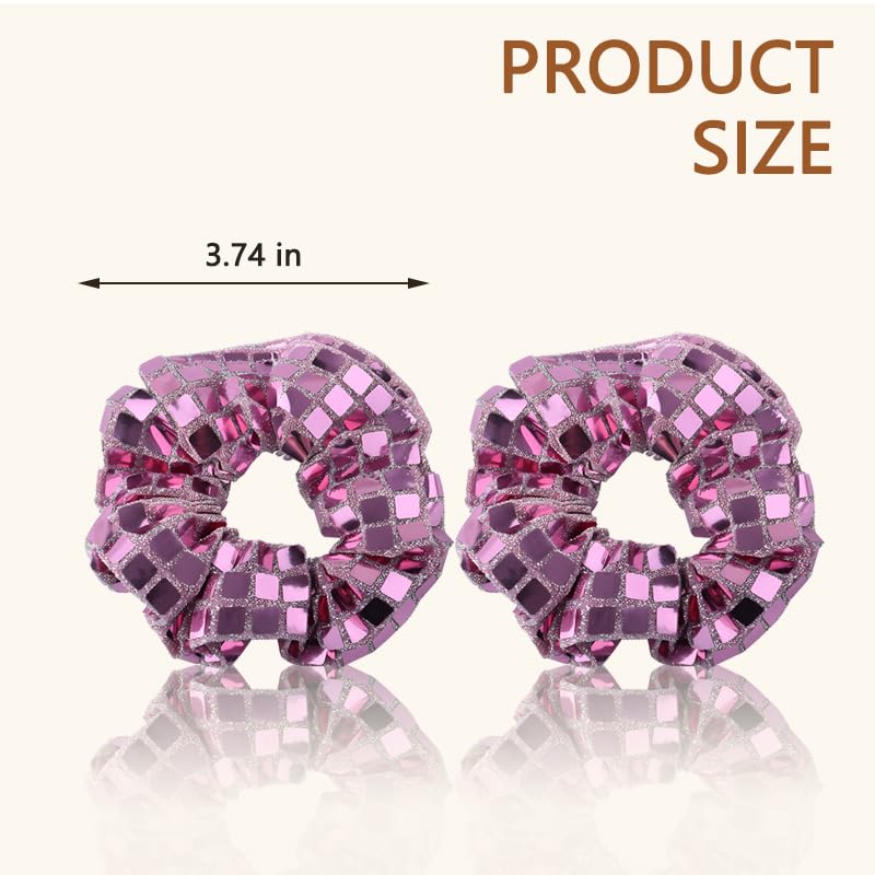 Pink Sequin Hair Scrunchies for Women Girls Glitter Sparkly Hair Accessories for Thick Fine Hair 80s 90s Sequin Hair Band for Party Prom Big Ponytail Holder Pink Hair Ties for Curly Hair 2pcs - Image 2