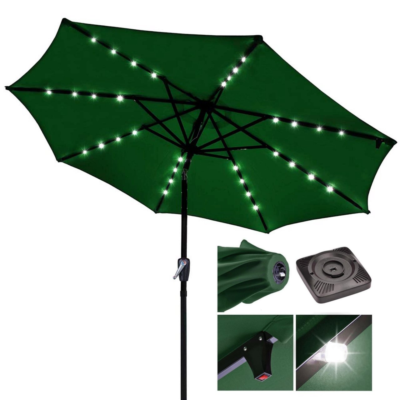 Koonlert@shop 9ft Outdoor Patio Solar Power LED Aluminium Umbrella Sunshade UV Blocking Tilt Hand-Crank - Green #914