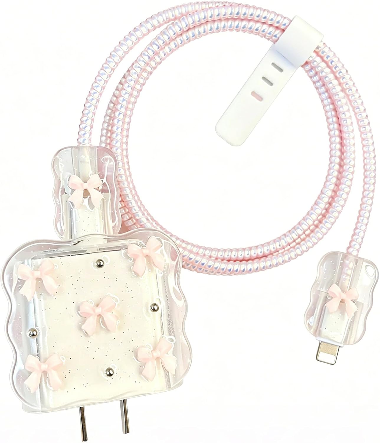 Kawaii Glitter Pink Bow Pearl Charger Cover Kit, Aesthetic Anti-Break Lightning Cable Spiral Wrap, Girly Decor Accessories for Apple 20W iPhone USB-C Charger