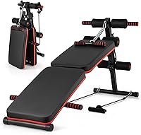 GYMAX Sit Up Bench 300lbs Folding Decline Ab Workout Bench, Adjustable Height, Spring Handle & Ropes for Home Gym Strength Training