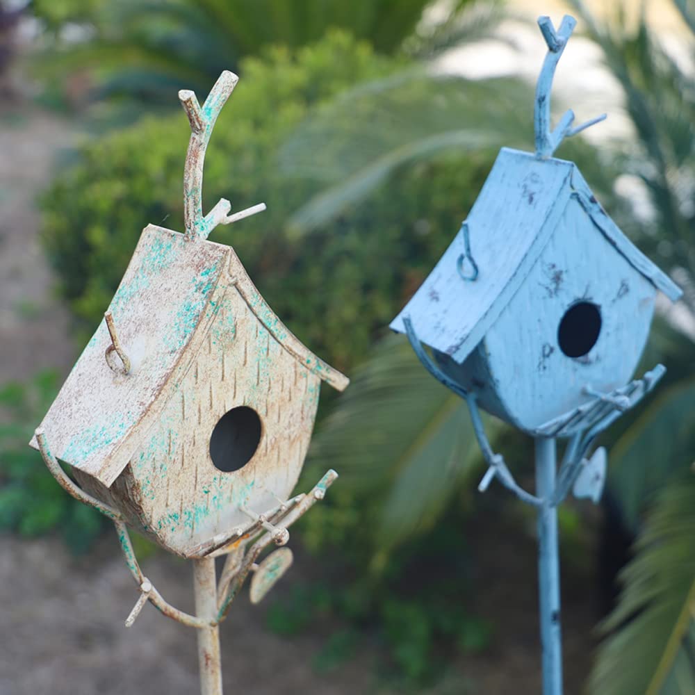 Casas de pájaros para exteriores con poste, estaca de metal para exteriores, casa rústica para pájaros en soporte de poste para decoración de casa de pájaros, decoración decorativa de jardín y patio