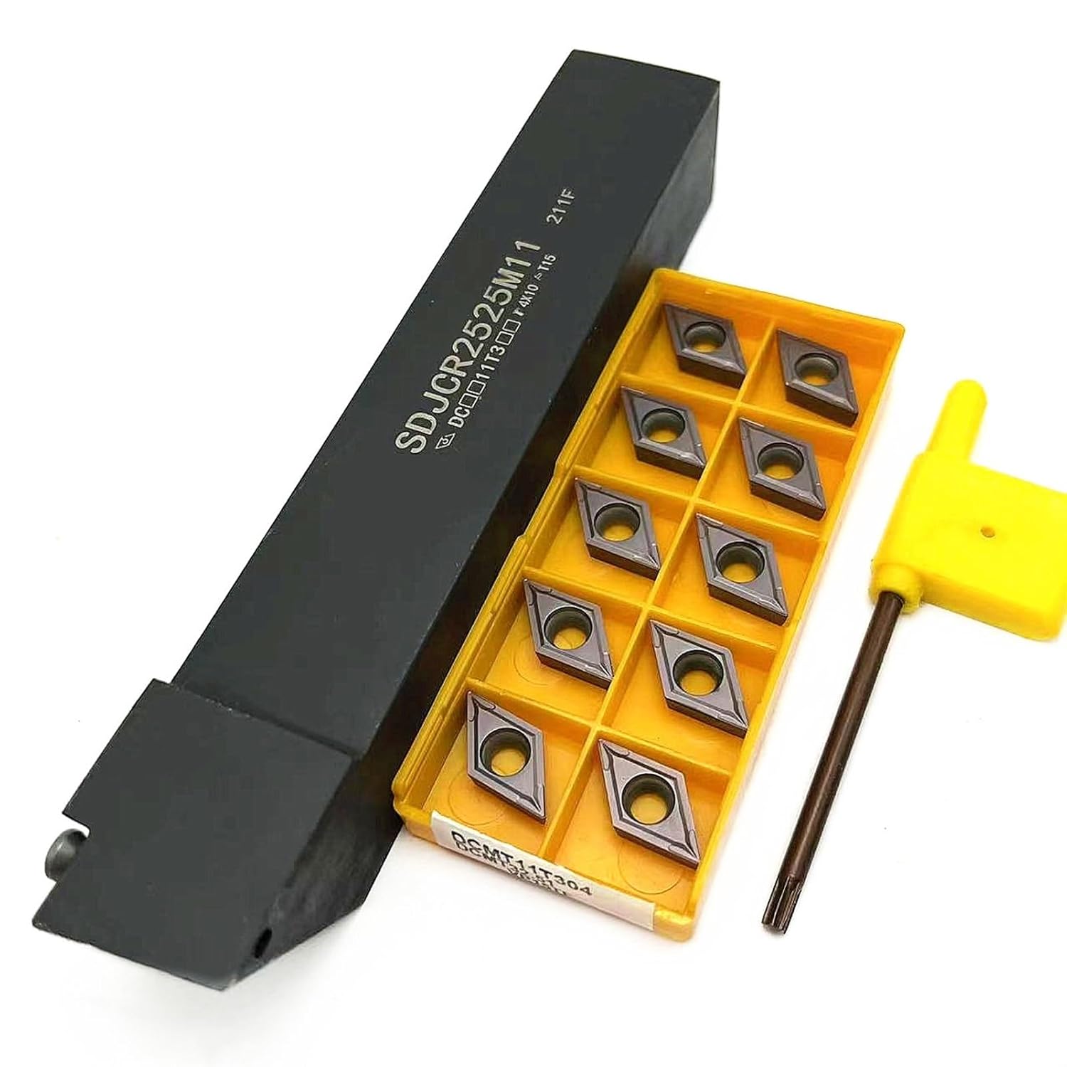 Indexable Lathe Turning Tool,SDJCR2525M11 Metal Lathe Tools Holder External Turning Tool Lathe Cutting Tool Set with 10pcs DCMT11T304 VP15TF Carbide Turning Insert