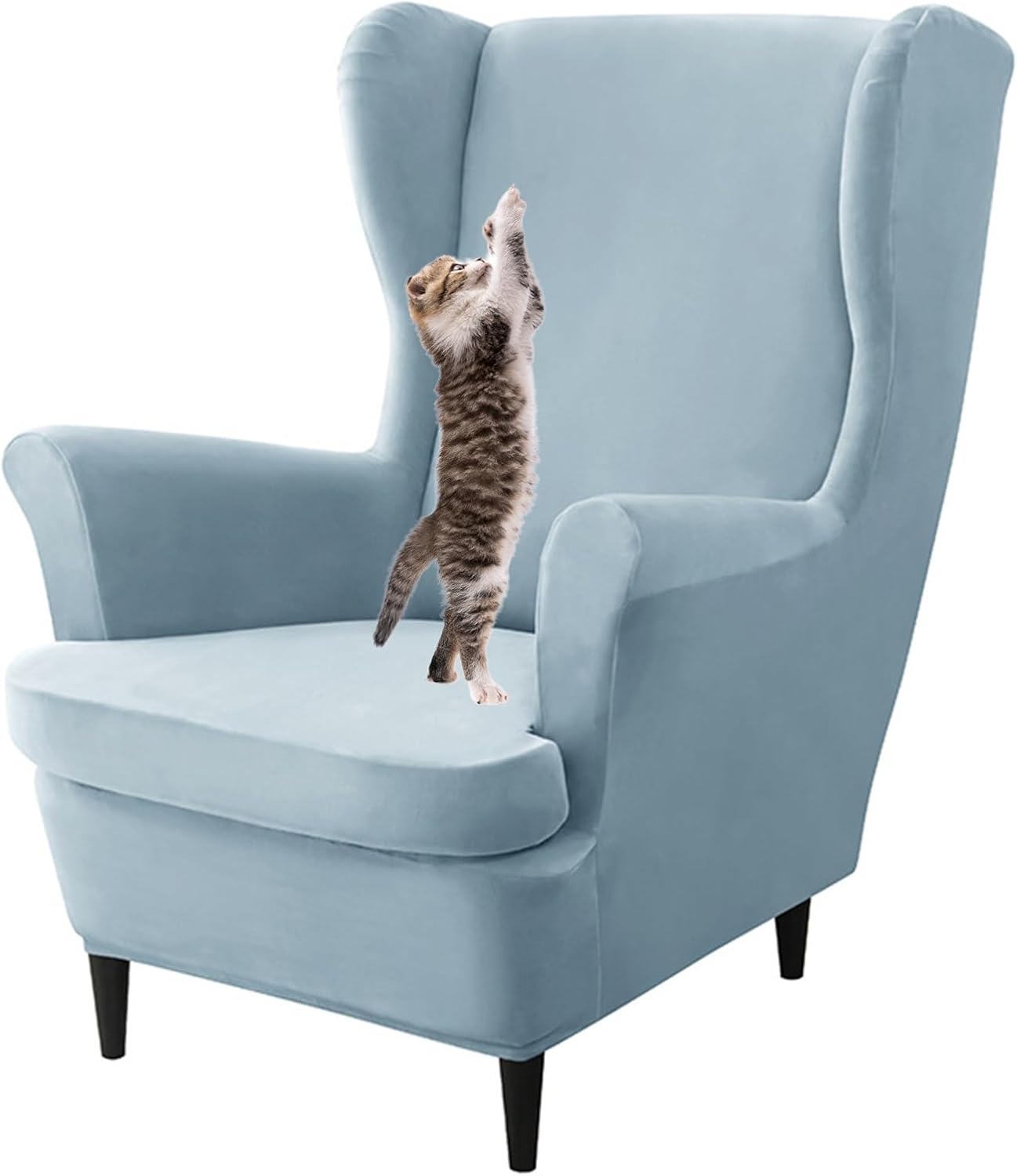 2 Piece Wingback Chair Slipcovers with Cushion Cover, Wing Chair Covers 2 in 1 Design, Stretch Armchair Slipcover, Soft Sofa Cover with Arms, Non Slip(Blue a,6 Sets)