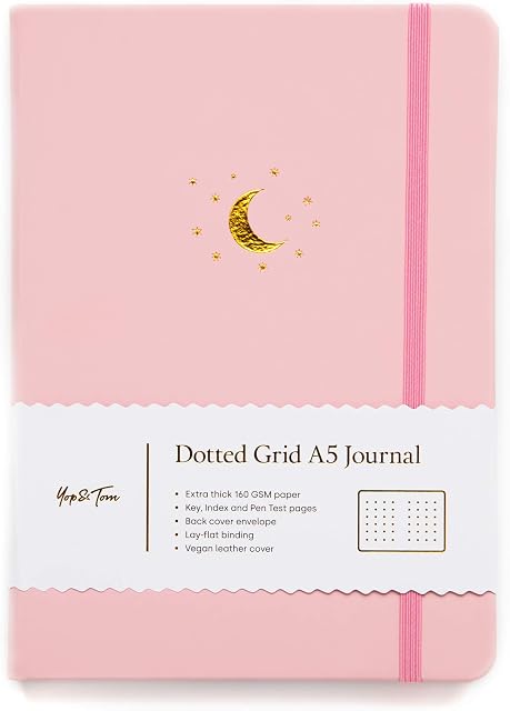 Yop & Tom Dotted Journal Notebook A5 - Moon and Stars - With Extra Thick Paper (160 GSM) - Bullet Grid Journal (Blush Pink)