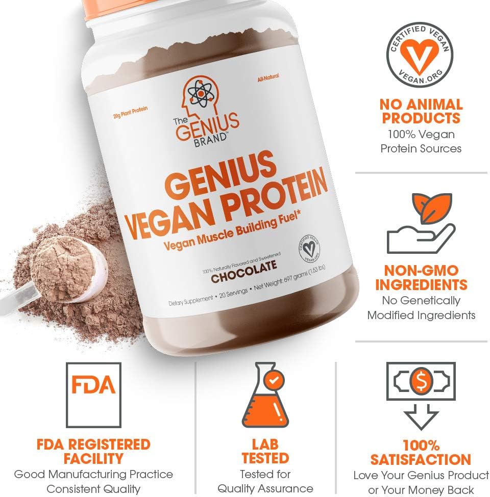 Genius Vegan Protein Powder, Chocolate - Plant-Based Lean Muscle Building Shake for Men & Women - Pea & Pumpkin Protein Sources - Naturally Flavored & Sweetened - Dairy & Lactose Free