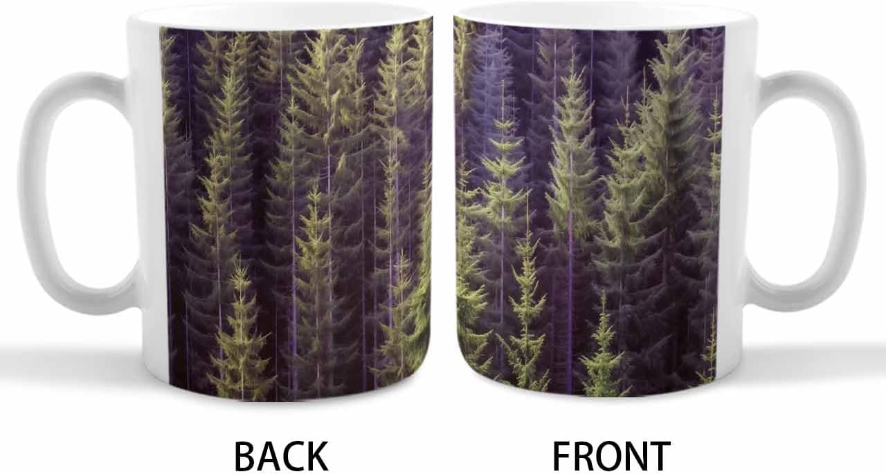 BEMIGO Ceramic Coffee Mug Pine Trees Fall Ceramic Mug White Cup, Green Purple Forests Insulated Coffee Cup with Handle with Pattern Perfect for Tea and Hot Beverages, 12oz