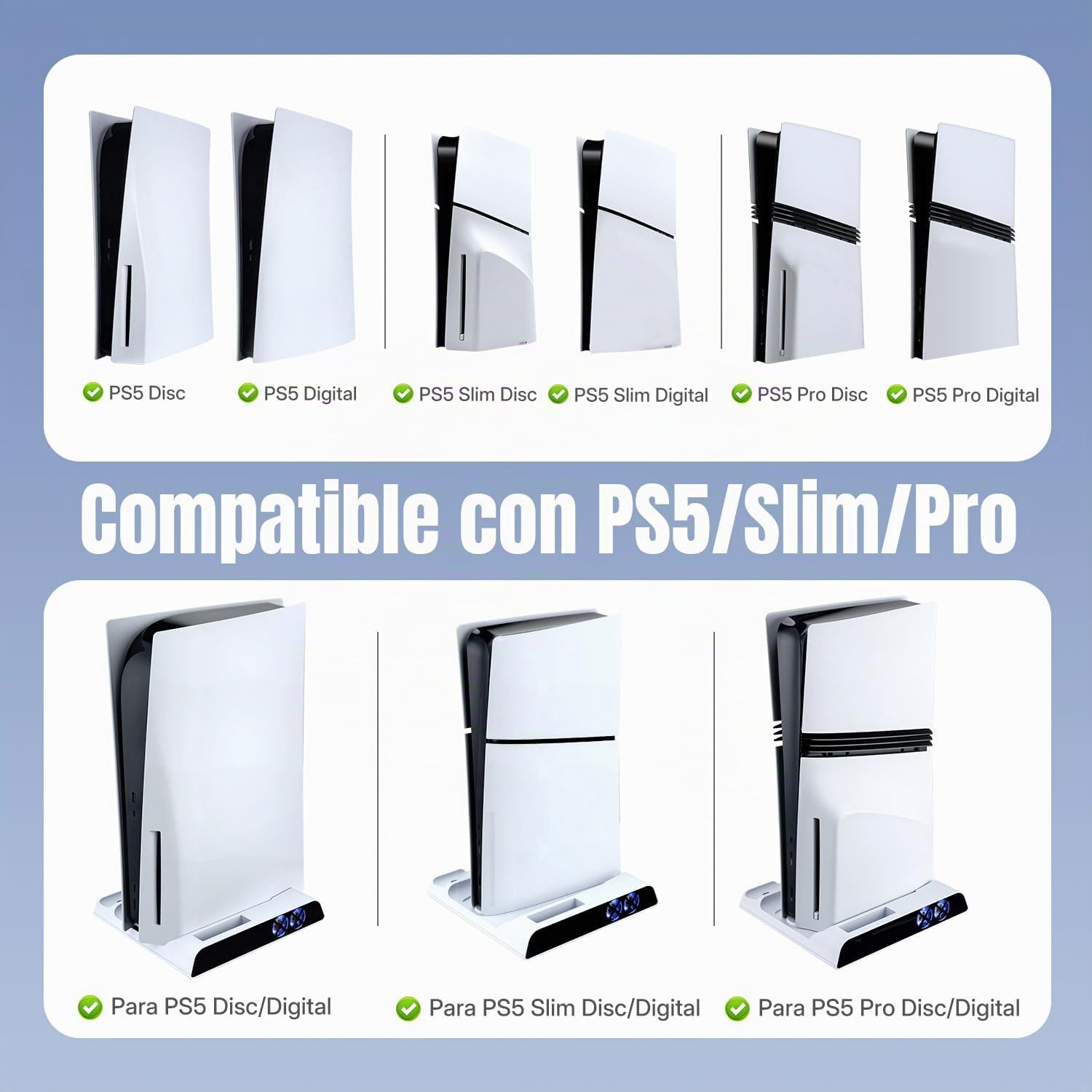 Wigearss Soporte Vertical para PS5/PS5 Slim/PS5 Pro con Ventiladores de Refrigeración, Estación de Carga para Dos Mandos, Ventilador de Enfriamiento con 3 Niveles Ajustables