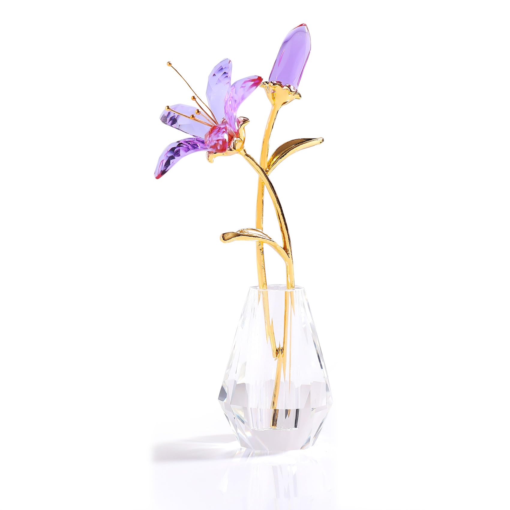 OrnalristCrystal Lily Flower Figurine Collectible Gifts for Women, Glass Lilium Floral with Metal Stem Crystal Vase for Wedding Valentine's Day Party Home Ornament Decor (Purple)