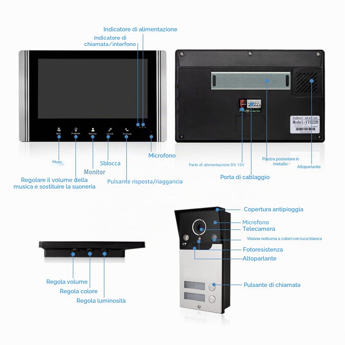 Videocitofono Cablato A 2 Unità Campanello, Videocitofono Collegato A 4 Fili Dotato Di Schermo LCD TFT 7 "Telecamera Di Visione Notturna Impermeabile Sbloccando Monitor Video Audio Bidirezionale