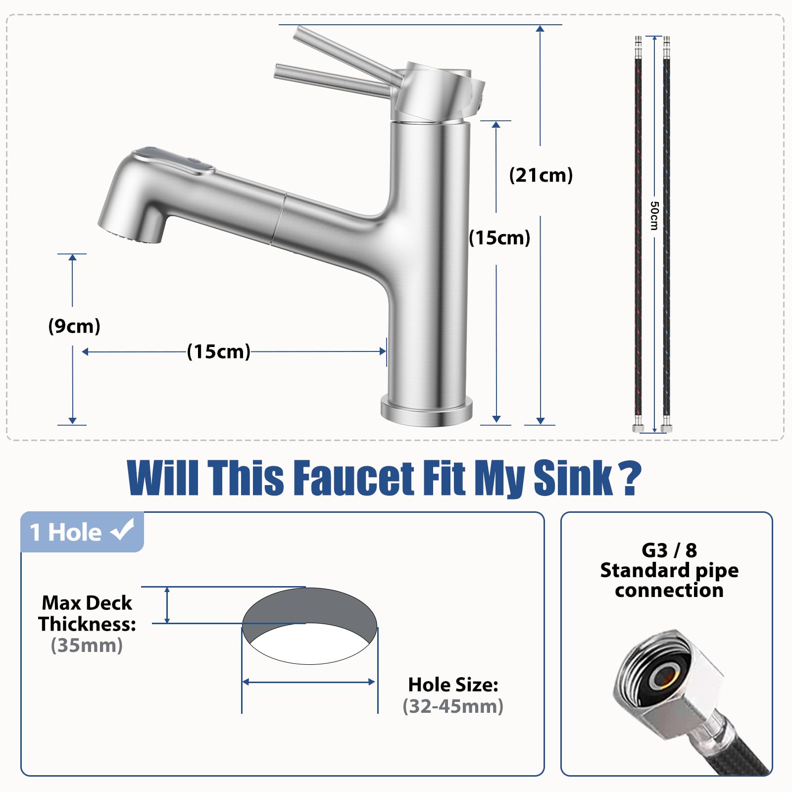 HURRAN Grifo de Baño con Cabezal Extraíble, Monomando para Lavabo con 2 Modos, Grifo para Fregadero de Uso General, Acero Inoxidable, Niquelado Cepillado