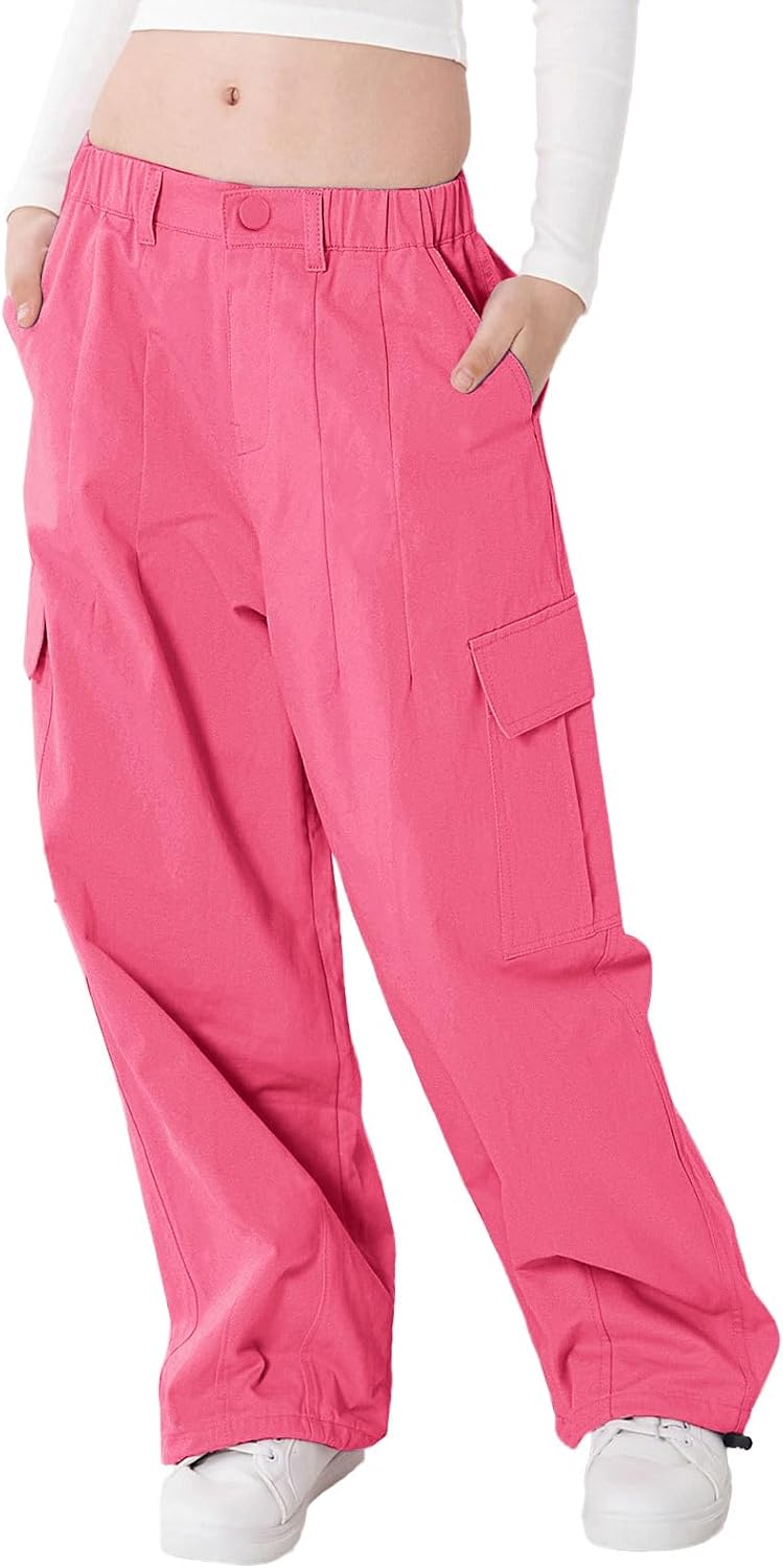 Rolanko Girls Cargo Pants Wide Leg Streetwear Kids Pants with Pockets Trendy Jogger Trousers 4-14 Years