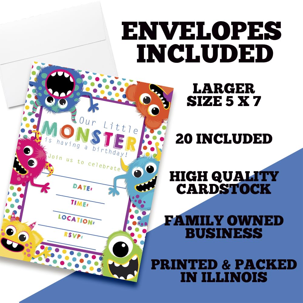 Colorful, Cute & Friendly Monsters Birthday Party Invitations, 20 5x7 Fill In Cards with Twenty White Envelopes by AmandaCreation